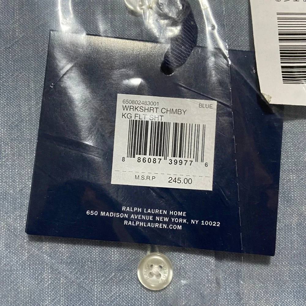 Ralph Lauren Workshirt Chambray King Flat & Extra Deep Fitted Sheet Set Blue NEW